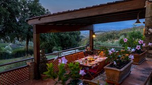 Une terrasse extérieure avec une table dressée pour le repas, entourée de plantes en pot et offrant une vue sur un paysage pittoresque.