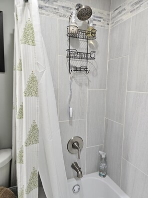 Hair dryer, towels, soap, shampoo