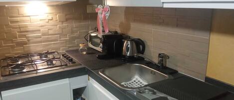 Fridge, oven, stovetop, coffee/tea maker