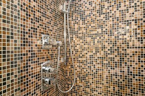 Combined shower/tub, hair dryer, towels, shampoo