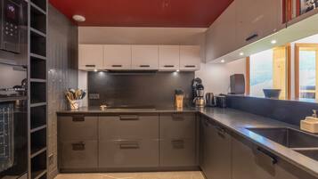 Réfrigérateur, micro-ondes, plaque de cuisson, lave-vaisselle