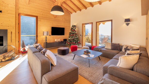 Un salon chaleureux avec une cheminée, un téléviseur et un sapin de Noël.