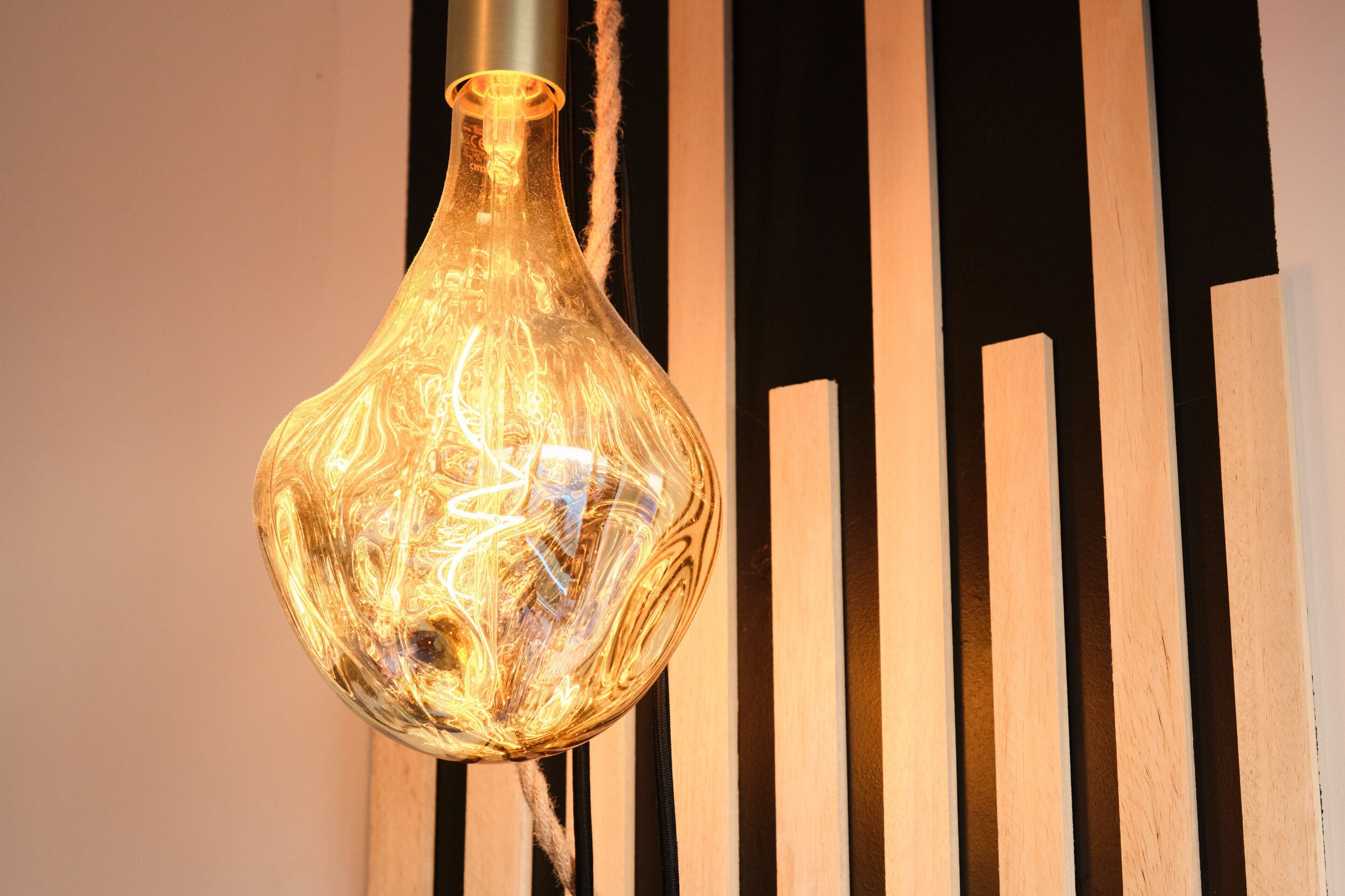 A hanging light fixture with a glass enclosure and visible filament.