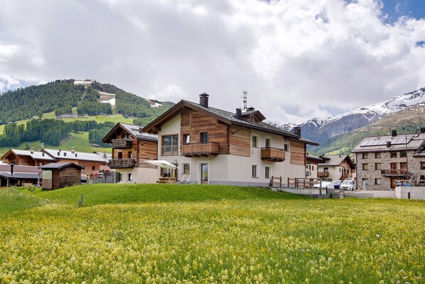 Un chalet de montagne à la façade en bois, doté de balcons et offrant une vue sur des montagnes enneigées.