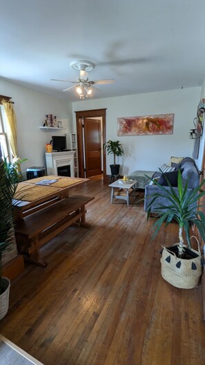 Smart TV, fireplace, DVD player, books