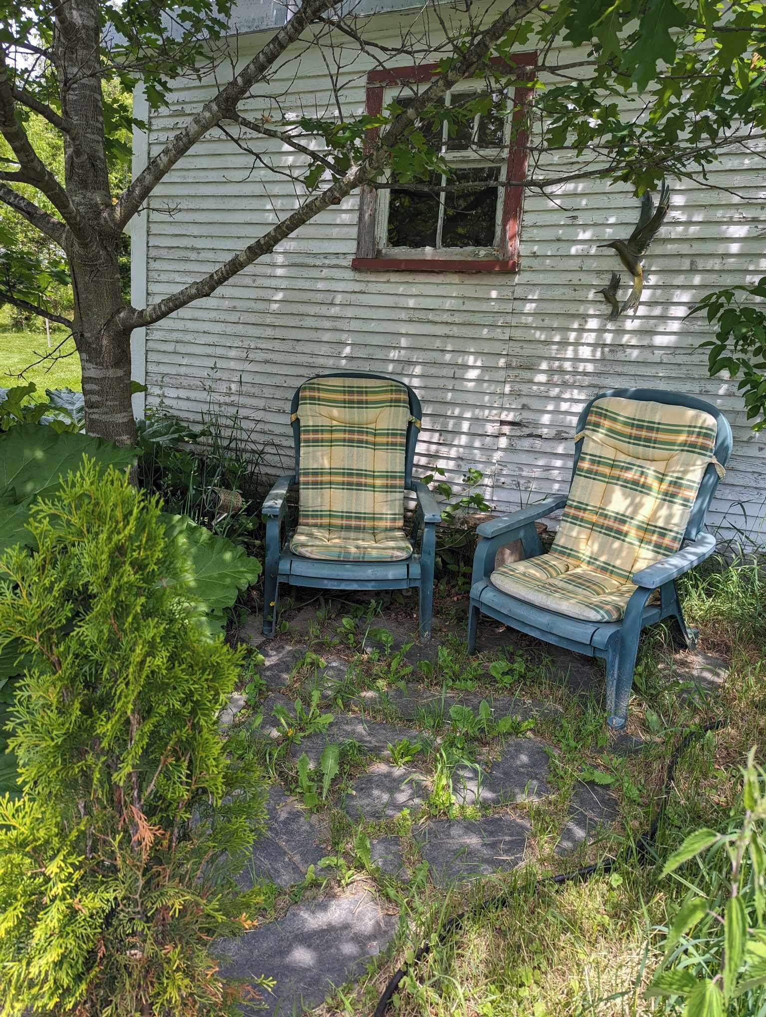 Deux fauteuils à carreaux sont placés devant une maison blanche, près d’une fenêtre et d’un arbre.