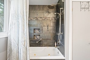 Shower, jetted tub, hair dryer, towels