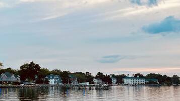 A waterfront view with several houses and docks.