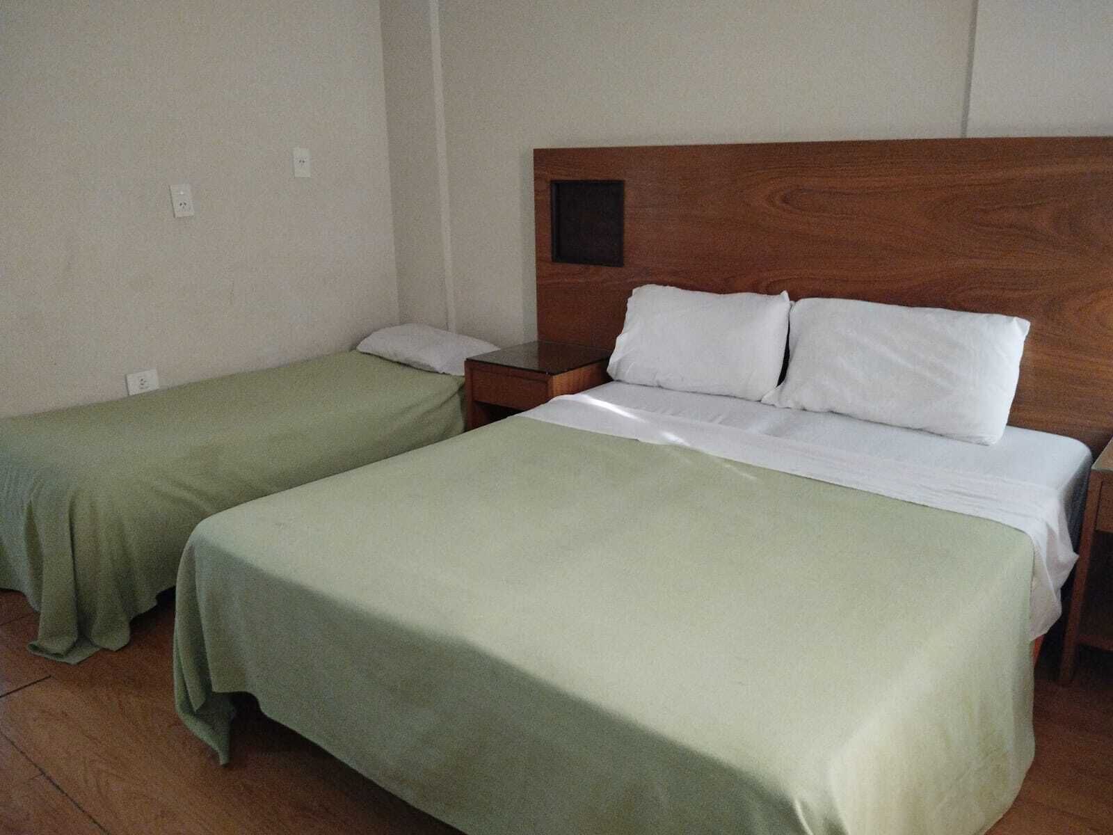 A room with two single beds, each with a wooden headboard and green bedding.