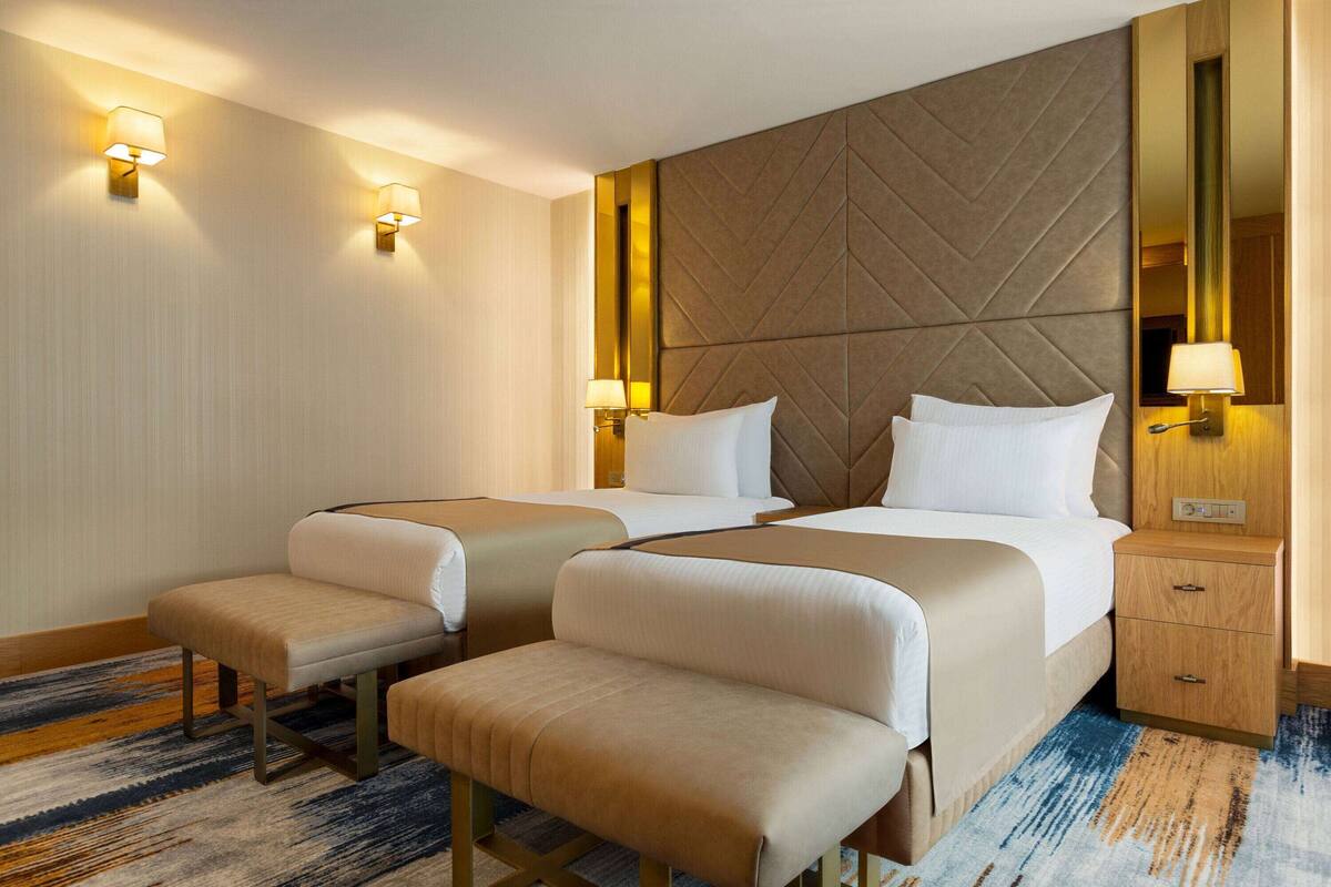 Une chambre d’hôtel avec deux lits, un grand miroir, des lampes de chevet, une table de chevet en bois et un tapis à motifs.