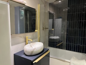 Hair dryer, towels, soap, toilet paper