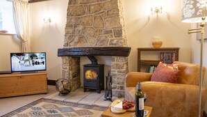 Ein gemütliches Wohnzimmer mit Kamin aus Stein, Fernseher, einer bequemen Couch, einem kleinen Tisch mit Flasche und Käse sowie einem Bücherregal.