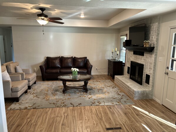 Smart TV, fireplace, books