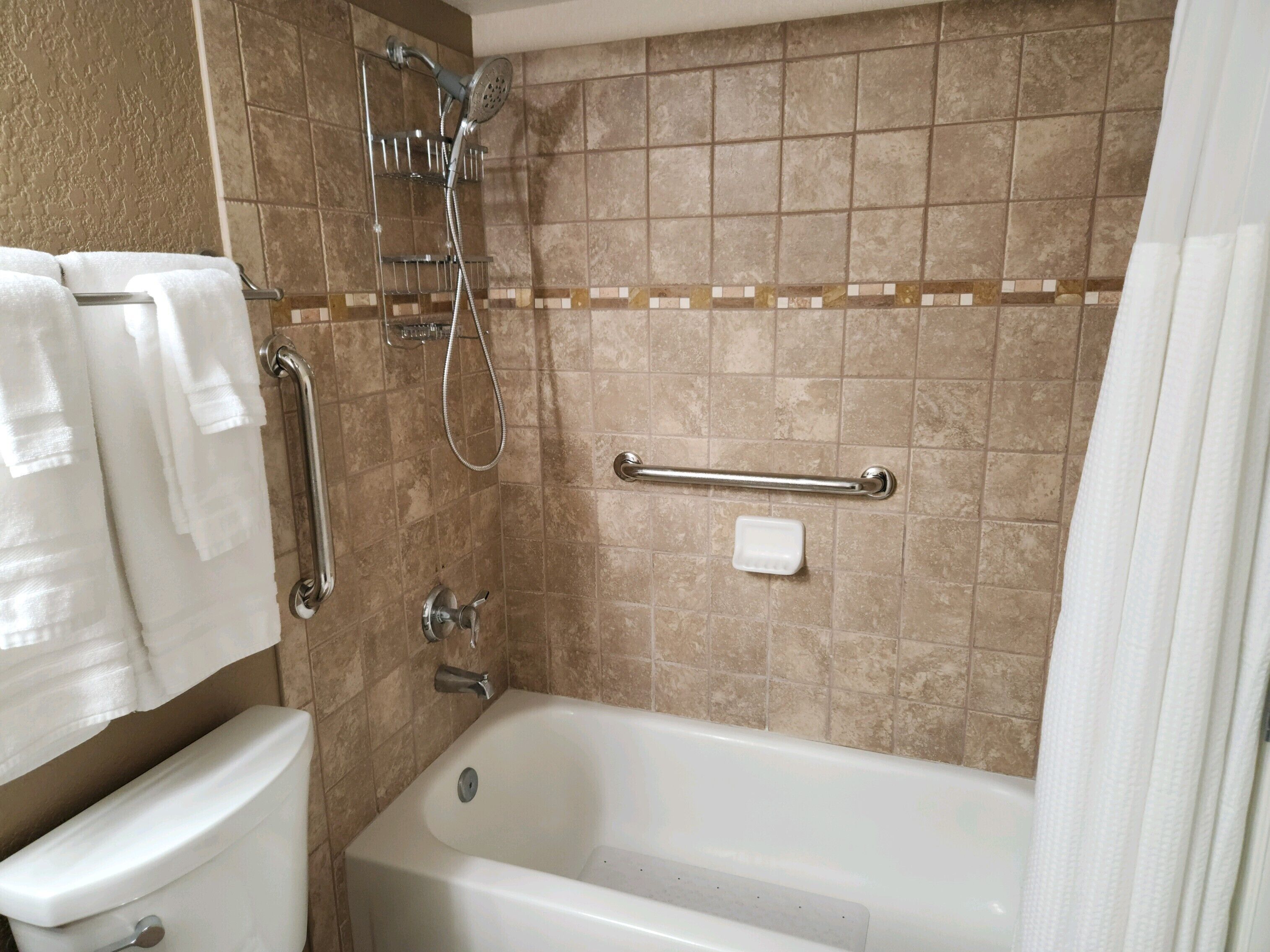 A bathroom with a bathtub, a shower, and a toilet. There is a grab bar installed near the bathtub.