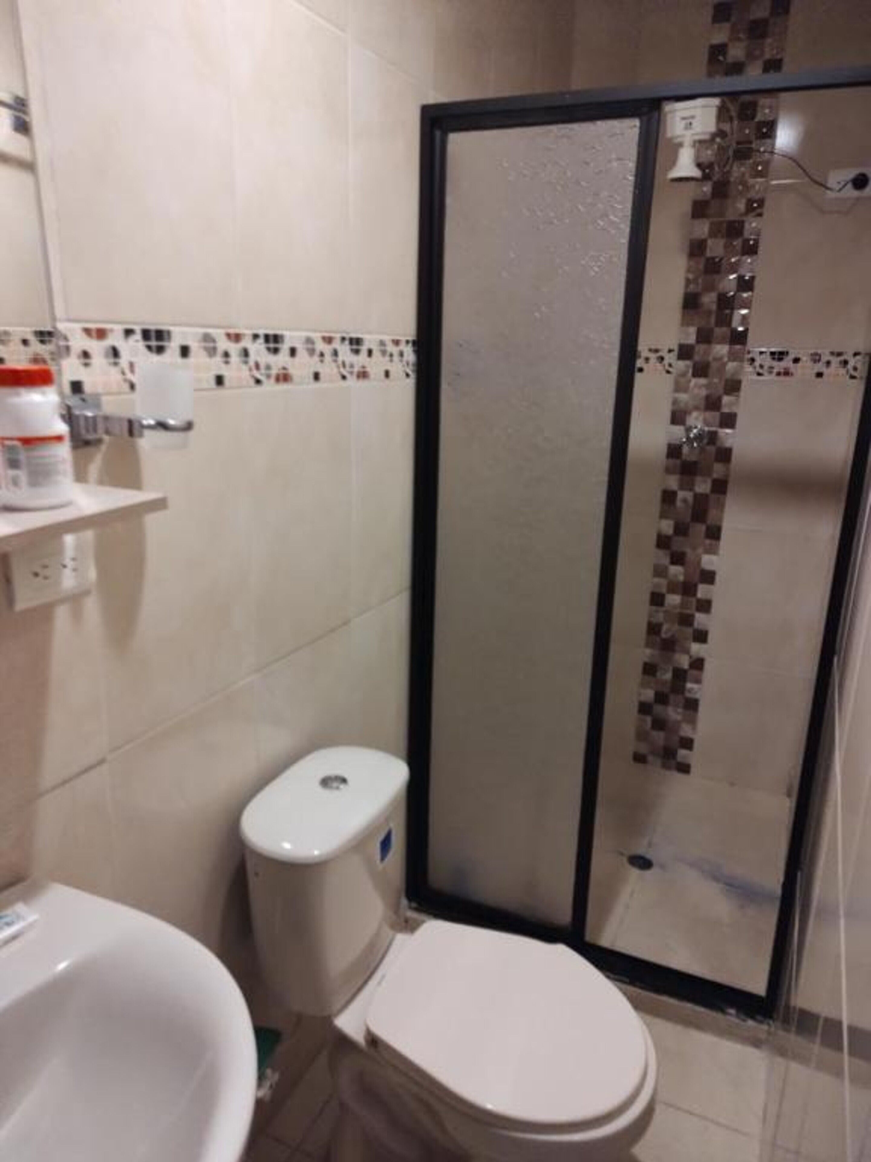 A bathroom with a toilet, a sink, and a shower enclosure.