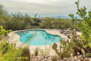 A swimming pool with a curved edge, surrounded by a fence, and a cactus plant in the foreground.
