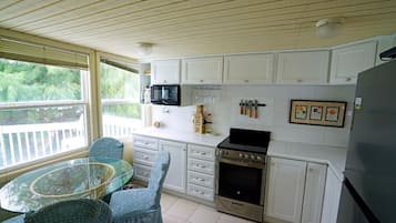 Fridge, microwave, coffee/tea maker, cookware/dishes/utensils