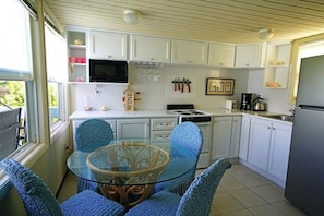 Fridge, microwave, coffee/tea maker, cookware/dishes/utensils