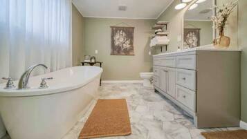 Hair dryer, towels, soap, shampoo