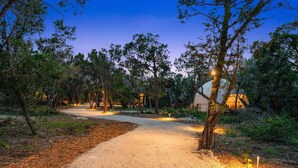 A dirt path leading to a rustic cabin surrounded by trees, with small lights illuminating the area. - The Cedars Ranch (Wimberley)