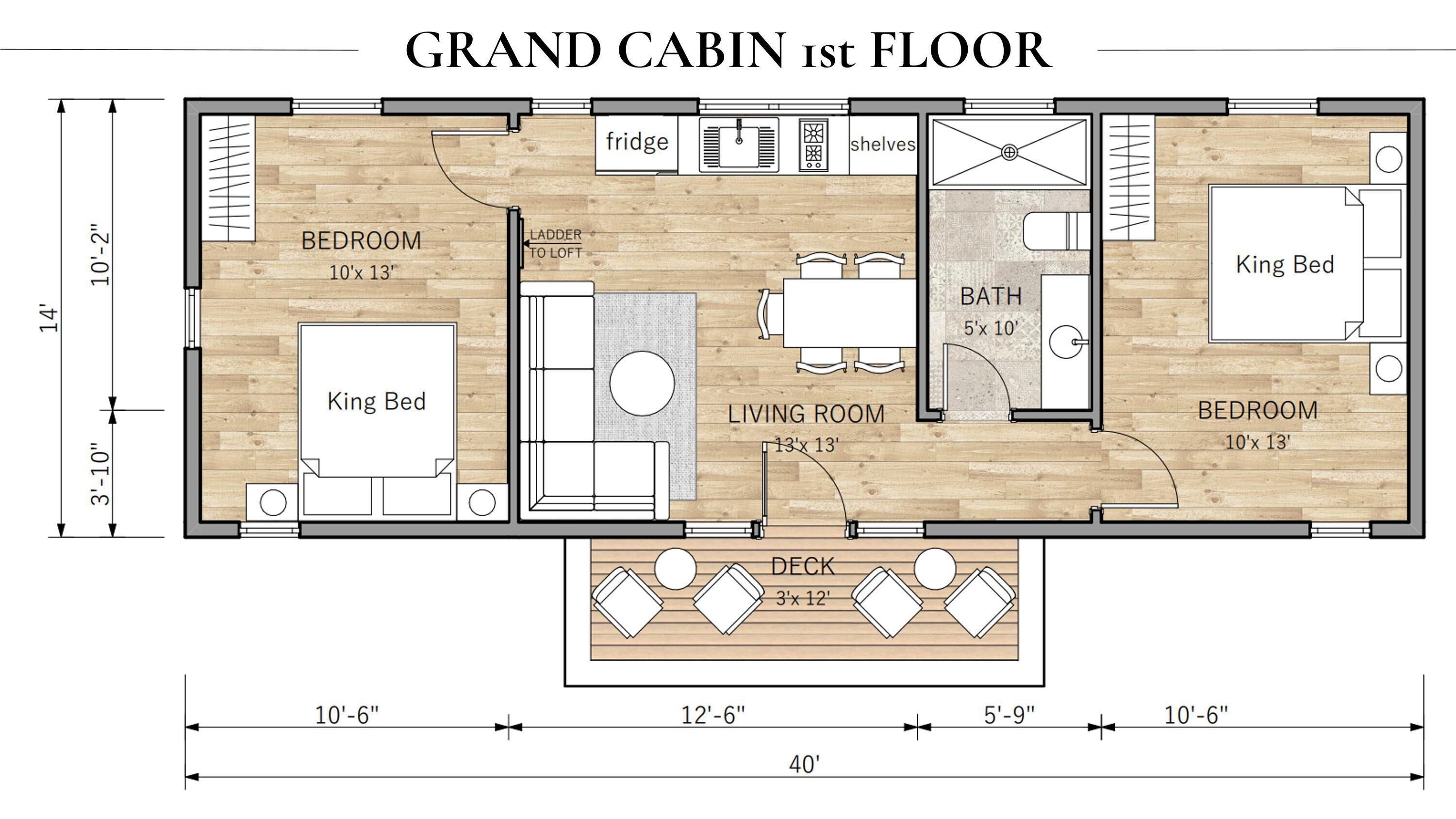 A floor plan of a grand cabin with a king bed, two bedrooms, a living room, a bathroom, a deck, and a fridge.
