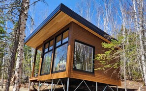 Una cabaña moderna de madera con ventanas amplias, rodeada de árboles.