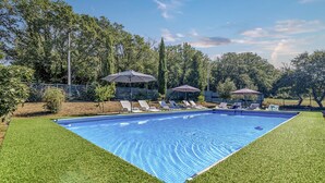 Una piscina rectangular con base de azulejos azules, rodeada por un césped cuidado. Hay sillones de descanso y sombrillas para dar sombra, y el área está delimitada por una valla.