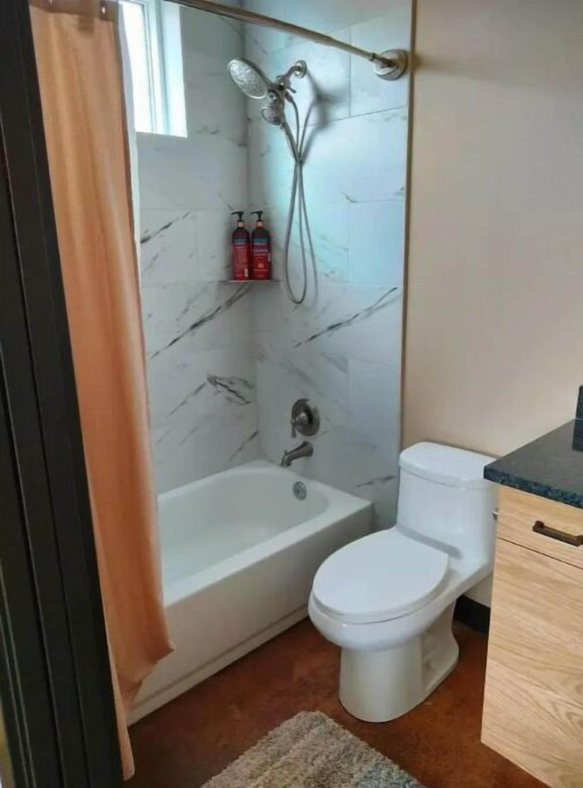 Un baño con bañera, inodoro y ducha. Hay dos botellas de champú y acondicionador en la pared.