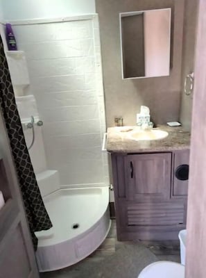 A bathroom with a white shower, a vanity with a mirror, and a toilet.