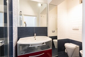 Shower, hair dryer, bidet, towels