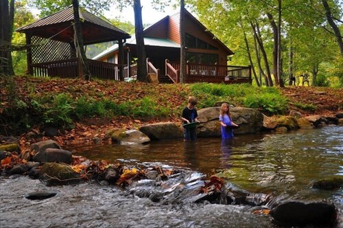 Pet friendly 2br/2ba cabin with hot tub on Rushing Trout Stream!
