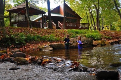 Pet friendly 2br/2ba cabin with hot tub on Rushing Trout Stream!