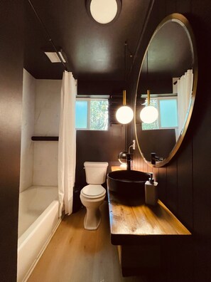 Hair dryer, towels, soap, shampoo