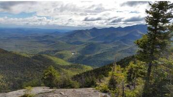 A mountainous landscape with dense forests and a clear sky.