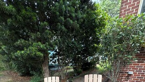 Dos sillas Adirondack en un jardín con muro de ladrillo y árboles al fondo.