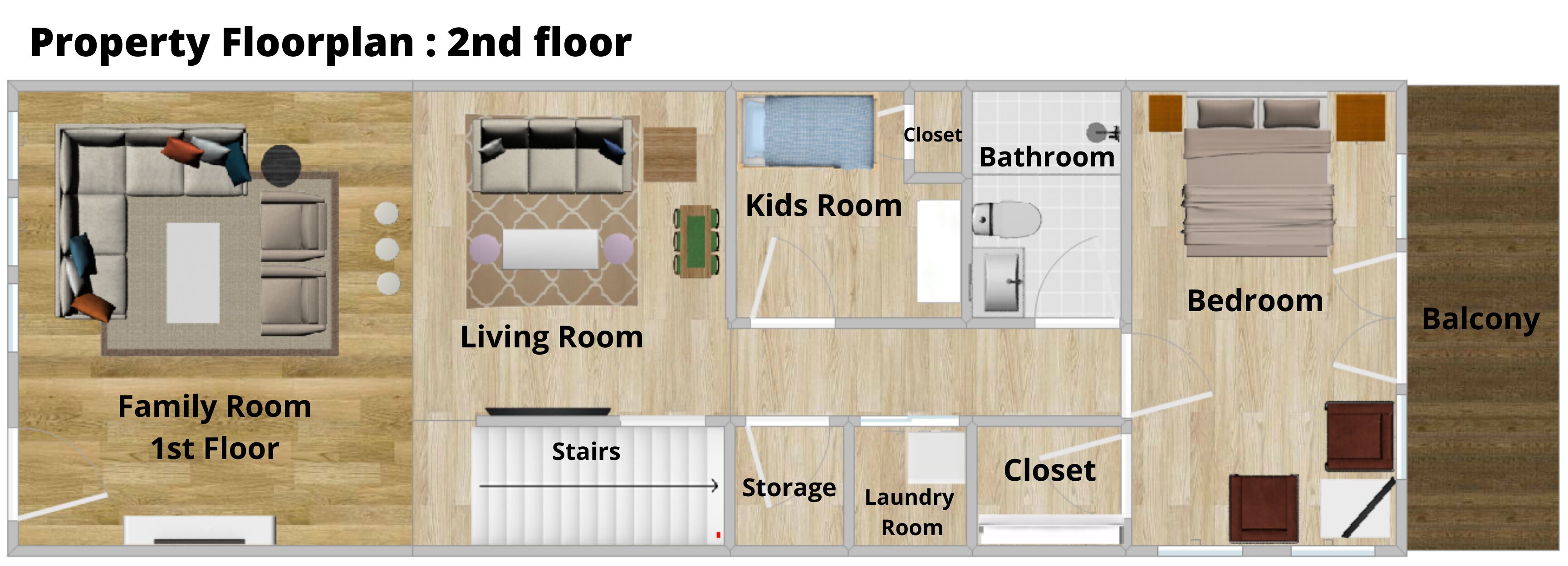Grundriss eines Hauses mit Familienzimmer, Wohnzimmer, Kinderzimmer, Bad, Schlafzimmer, Abstellraum, Waschküche, Kleiderschrank, Treppe und Balkon.
