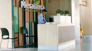 Un área de recepción con diseño moderno, que incluye un mostrador de recepción, una recepcionista y una planta en maceta.