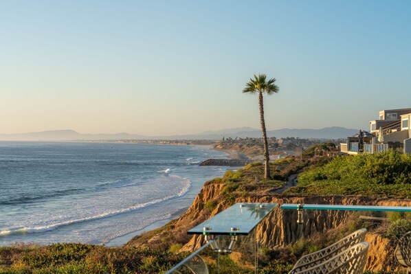 A coastal view with a clear sky, a palm tree, and a building with a balcony overlooking the ocean.