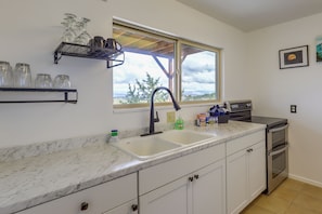 Fridge, oven, cookware/dishes/utensils, paper towels