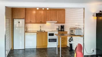 Fridge, stovetop, dishwasher, coffee/tea maker