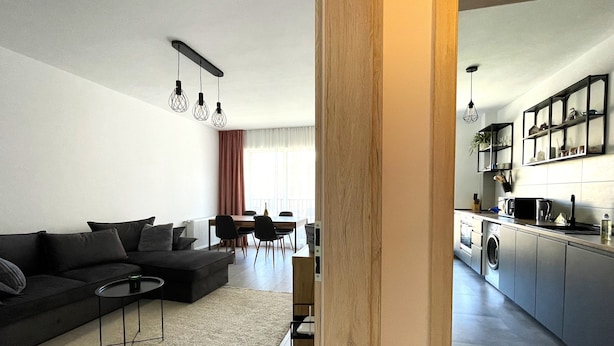 Een modern appartement met een zitkamer, eethoek en keuken.