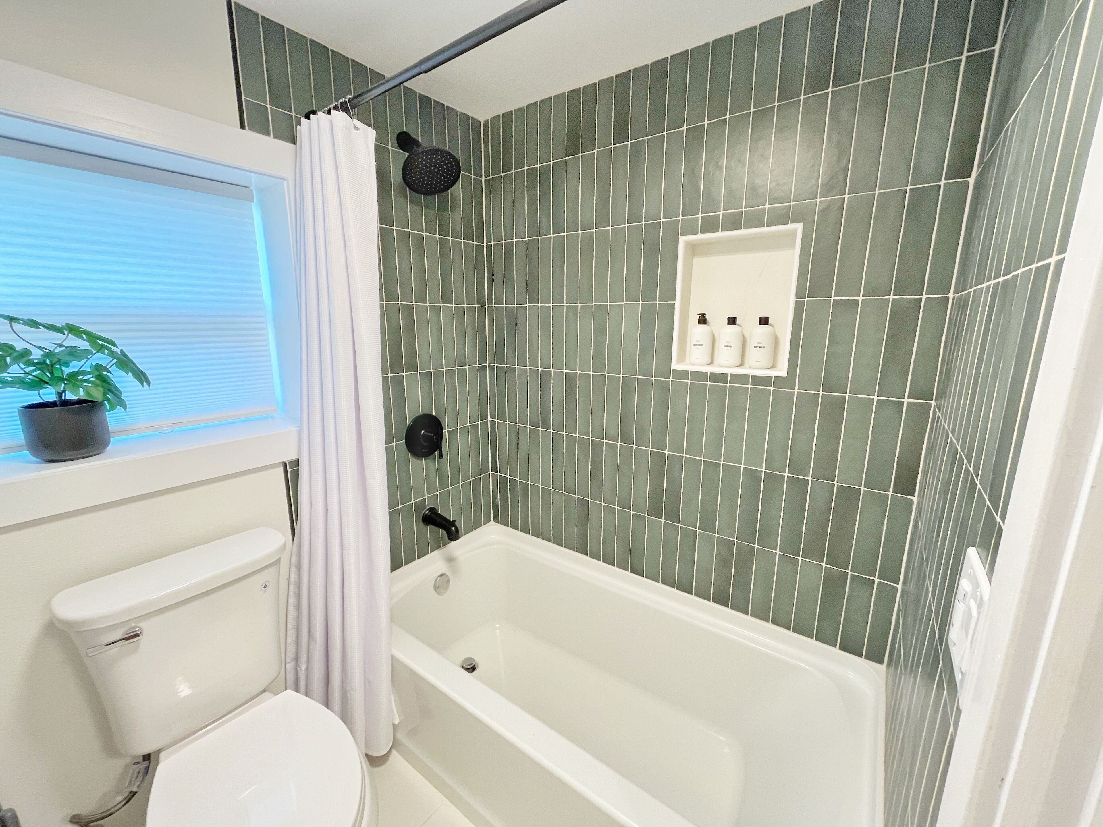 Hair dryer, towels, soap, shampoo