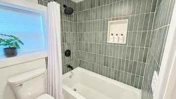 Hair dryer, towels, soap, shampoo