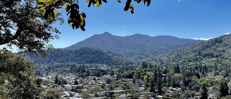A town nestled in a valley with a mountain in the background.
