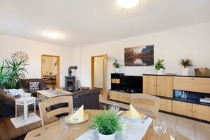 Televisión, chimenea y estéreo 