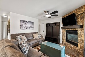 TV connectée, cheminée, livres