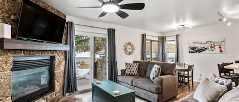 Smart TV, fireplace, DVD player, books