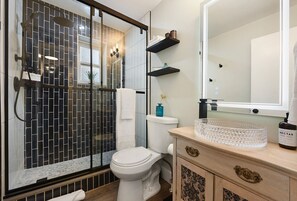 Eco-friendly toiletries, hair dryer, towels, soap