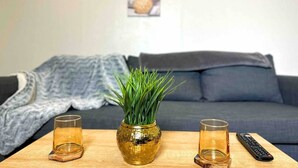 Ein Wohnzimmer mit einer Couch, einem Couchtisch, zwei Gläsern, einer Fernbedienung und einer Pflanze.