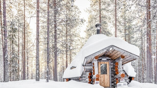 A log cabin in a snowy forest.
